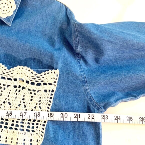 Vintage 90s Just Class Denim & Crochet Long Sleeve Button Up Shirt Women’s Sz M - Picture 4 of 7